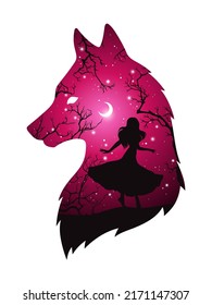 Silueta de doble exposición de lobo con sombra de mujer hermosa en el bosque nocturno, luna creciente y estrellas. Ilustración vectorial de diseño de pegatinas o tatuajes.   