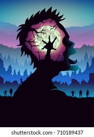 Double exposure of Silhouette Zombie screaming in Forest with hand of dead people rising out from ground in graveyard. Illustration about Halloween Theme.