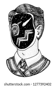 Double exposure. Space in a man. Detective gentleman in a jacket or Abstract man. Stars and planets instead of faces. Hand drawn Vintage sketch for pin. Engraved Monochrome style.