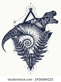 Double exposure tattoo. Tyrannosaur. T-Rex dinosaur monster and nautilus shell. Prehistoric symbol of archeology, paleontology, evolution and science. Creative t-shirt design