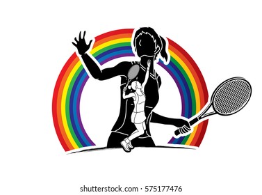Double exposure, Tennis player sports woman designed on line rainbows background graphic vector.