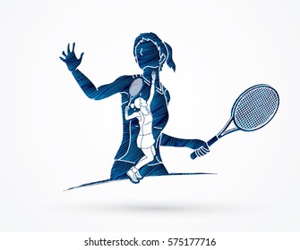 Double exposure, Tennis player sports woman designed using blue grunge brush graphic vector.