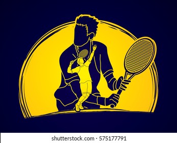 Double exposure, Tennis player sports man designed on moonlight background graphic vector.