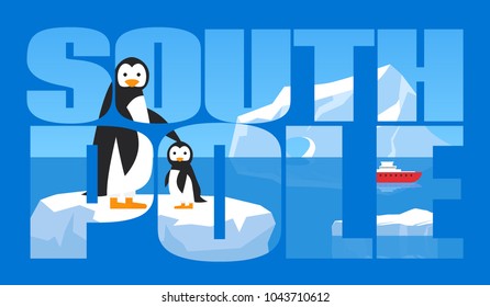 double exposure text south pole landscape with penguins