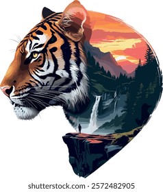 Double Exposure Tiger Illustration with Natural Sunset Landscape – Digital Art Ready for Print