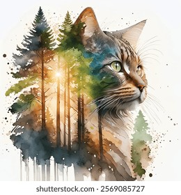 Double exposure vector illustration of a cat with a redwood forest inside, light streaming through the canopy, and watercolor splatter background. A blend of nature, wildlife, and artistic expression.