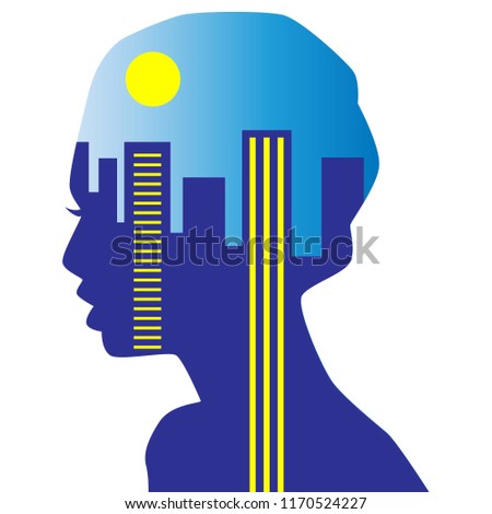 Double exposure vector illustration. Profile of the girl and the city. The moon is above the city landscape. In blue tones.