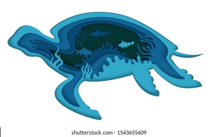 Double exposure vector layered paper cut large turtle silhouette and underwater sea cave with coral reef, fish. Beautiful trendy marine composition for card, poster, banner, website page etc.