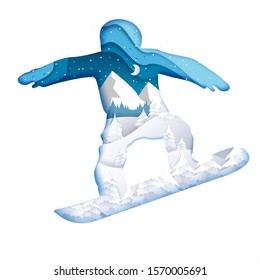 Double exposure vector layered paper cut snowboarder silhouette with winter night nature landscape inside. Winter sports trendy composition for card, poster, banner, website page etc.