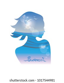 Double exposure, vector. Summer background with woman and sea