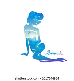 Double exposure, vector. Summer background with woman and sea