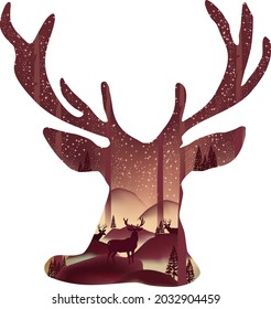 Double exposure vector wild deer head silhouette with night forest landscape inside. Can be used for ethnic T-shirt, greeting card, poster, banner, website page etc.