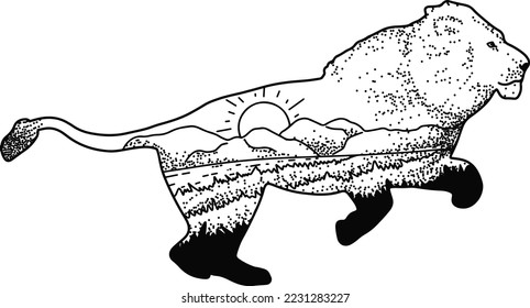 Double exposure vintage black and white running lion illustration