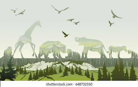 Double exposure, Wild animals and forest
