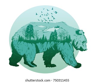 Double exposure, wild bear and forest