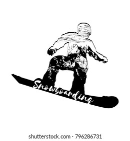 Double exposure. Winter sport. Snowboarder. Vector isolate. Black and white sample.