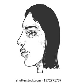 Double face abstract illusion girl sketch engraving vector illustration. T-shirt apparel print design. Scratch board style imitation. Black and white hand drawn image.