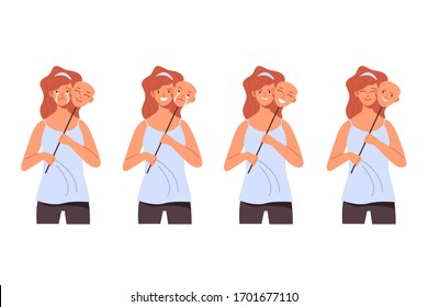Double face mask with different emotions set. Psychological problems concept. Vector flat graphic design illustration
