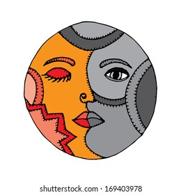 Double face Sun and Moon illustration on simple white background