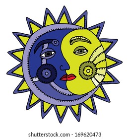 Double face Sun and Moon illustration on simple white background 