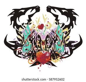 Double fantastic imaginary animal symbol formed by the horse heads  and the heads of an eagle with colorful floral elements, red hearts and arrows, red asterisks