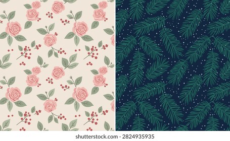 Double festive pattern set showing a vintage pink rose print next to a cozy winter pine branch and snow background.