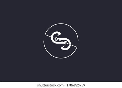 Double fishhook logo with circular fishing line design concept, modern minimalist and creative logo, on blue background.