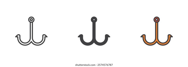 Double Fishing Hook different style icon set. Line, glyph and filled outline colorful version, outline and filled vector sign. Symbol, logo illustration. Vector graphics