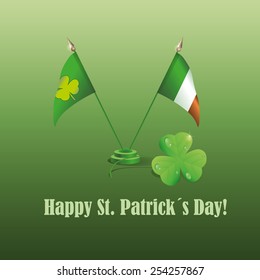 Double flag with flowers and a symbol of Ireland St. Patrick's Day on a green background with shamrock.