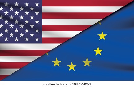 double flag, waving flag of united states of america and european union