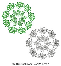 Double flower wreaths. Green and grey petals. Vector radial shapes. Symmetric decorative pattern.