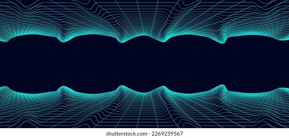 Doble paisaje futurista de armazón ondulado con efecto brillante sobre el fondo oscuro. Señal dañada en terreno montañoso lineal. Ciberespacio digital en montañas con valles. Ilustración vectorial.