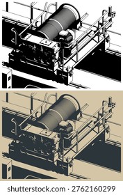 Double girder crane trolley and hoist unit close-up stylized vector illustrations