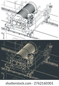 Double girder crane trolley and hoist unit isometric blueprints close-up stylized vector illustrations