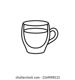 Double glass cup linear icon isolated on white. Transparent walled glasse mug line sign for hot coffee or tea. Outline style. Vector illustration.