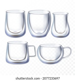 double glass cup set. drink object. empty coffee double glass mug. transparent beverage tumbler. cappuccino cup, espresso mug. 3d realistic vector