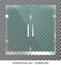 Double Glass Door. Mall Store Entrance Doors In Steel Metal Frame For Modern Office Or Shop Mall Reflective Sliding Steel Door. Realistic Exterior 3d Isolated Vector Template