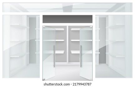 Doble puerta de vidrio para la burla realista del vector de entrada de tienda. Puerta de entrada de la tienda corredera abierta o de un supermercado. Mangos de la puerta de vidrio e ilustración de la tienda