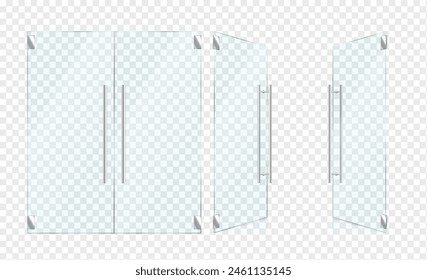 Puertas de vidrio doble con asas cromadas y juego de Ilustración vectorial realista. Objetos 3d modernos de la barrera de entrada de la oficina sobre fondo blanco