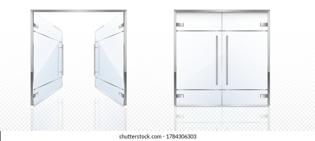 Double glass doors with metal frame and handles. Vector realistic mockup of open and closed doors isolated on transparent background. Glass gate, entrance in store, mall or office