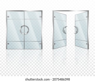 Double Glass Doors With Metal Frame And Handles. Realistic Mockup Of Open And Closed Doors Isolated On Transparent Background. Glass Gate, Entrance In Store, Mall Or Office. Vector Illustration