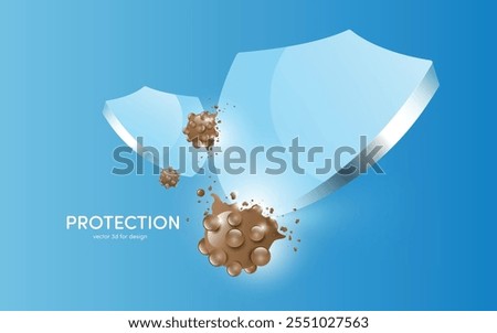 double glass shield protects and protects against viruses or germs and dirt, 3d vector on blue background for advertising design for disinfectant or prophylactic medicinal products, Antivirus shield 