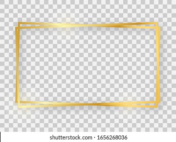 Double gold shiny 16x9 rectangular frame with glowing effects and shadows on transparent background. Vector illustration