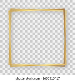 Double gold shiny square frame with glowing effects and shadows on transparent background. Vector illustration