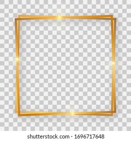 Double gold shiny square frame with glowing effects and shadows on transparent background. Vector illustration