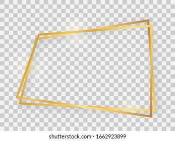 Double gold shiny trapezoid frame with glowing effects and shadows on transparent background. Vector illustration