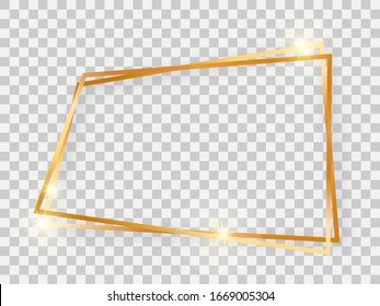 Double gold shiny trapezoid frame with glowing effects and shadows on transparent background. Vector illustration