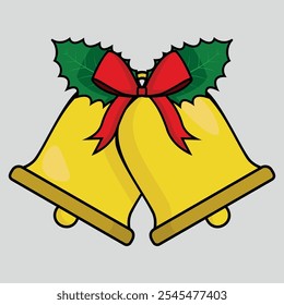 Double Golden Christmas Bell Vector with Leaves and Red Bow. Illustration with Black Outline.