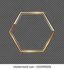 Double golden frame with hexagon shape vector illustration. Realistic 3d elegant golden award lines with glitter, classic geometric presentation, painting frame isolated on transparent background