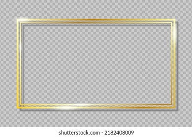 Double golden frame on transparent background with shadow. Gold rectangle dual border with glow shine and light effect. Vector illustration.